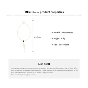 Detailed size specifications for the gold tassel necklace with blue rhinestone pendant
