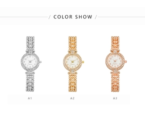 Detailed comparison of crystal-encrusted quartz watches in silver, gold, and rose gold finishes