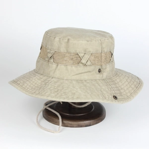 Outdoor khaki sun hat with breathable mesh and chin strap on a wooden stand
