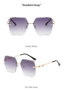 Detail of rimless square sunglasses with gradient gray lenses and gold horsebit temples
