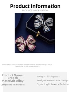 Detailed specifications for luxury rhinestone bowknot brooch made of durable alloy