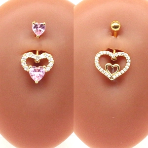 Pink heart-shaped belly button rings with gold plating and teardrop crystal pendants