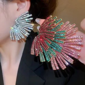 Fan Shaped Statement Earrings Alloy Sparkling Rhinestone Radiant Geometric Jewelry For Women With Silver Earring Post