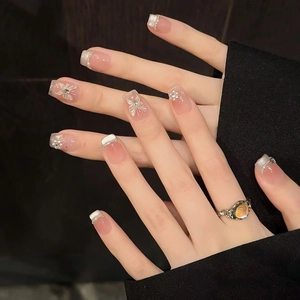 Butterfly Press On Nails Artificial Pearl Rhinestone French Pink Gradient Cat Eye Effect Square Round DIY Manicure Accessory