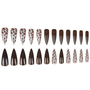Long stiletto press on nails set with leopard print and dark brown glossy finish