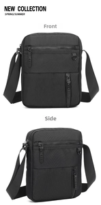Front and side view of black waterproof oxford crossbody bag with dual zip compartments