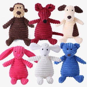 Detailed set of six corduroy squeaky plush dog toys in various animal shapes and colors