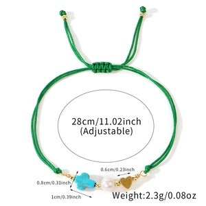 Cross and pearl braided green rope bracelet with adjustable cord for women's jewelry
