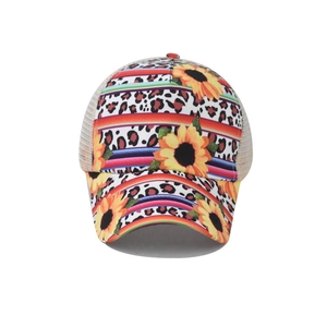 Baseball cap with sunflower, leopard print and mesh back for high ponytail hairstyle