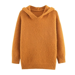 Pull À Capuche En Tricot Pour Femmes Moelleux Ample Manches Longues Épaules Tombantes Décontracté Couleur Unie Automne Hiver