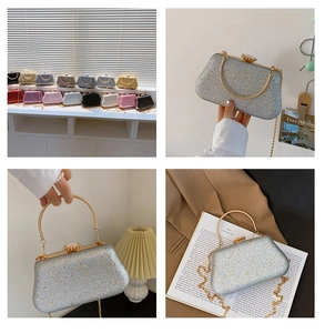 Macro detail of various colors shimmering glitter clutch bags with metal ring handles