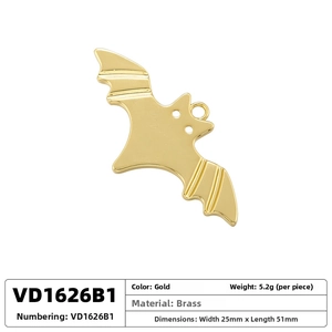 Polished gold brass bat pendant with gothic design and size details for jewelry making