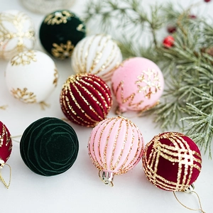 Christmas velvet ball ornament set with glitter snowflake patterns for tree decoration