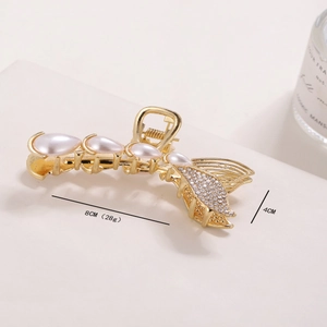 Pince à cheveux queue de sirène dorée avec perles et strass, taille 8cm sur 4cm