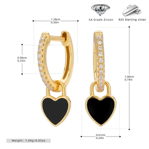 Detailed size measurement chart of black enamel heart hoop earrings in 925 sterling silver