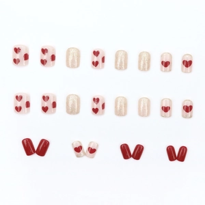 Winter red heart and gold glitter short press-on nails set with 24 pieces assortment