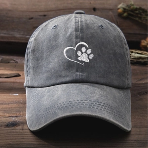 Vintage washed charcoal baseball cap with white embroidered heart and paw print design