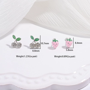 S925 silver cherry and strawberry fruit stud earrings with green enamel leaves decor