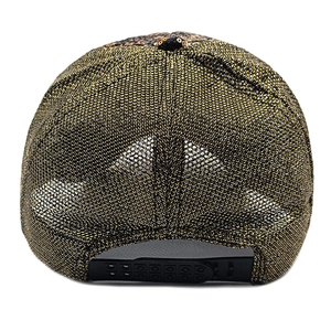 Detail view of the adjustable black snapback closure on a sequin leopard baseball cap