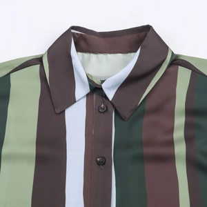 Fashion casual striped satin shirt featuring a classic collar and green-blue vertical stripes