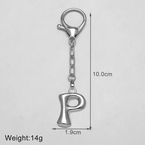 Detailed view of metal letter P keychain with 10cm total length and measurement labels