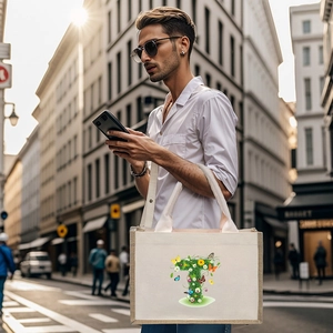 City street style of a canvas tote bag with a floral letter T print for casual daily use