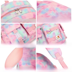 Detail view of pink-blue gradient tie-dye backpack with waterproof nylon and dual zippers