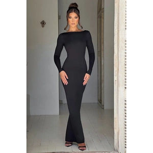 Elegant long-sleeve black bodycon dress with slim-fit design and floor-length silhouette