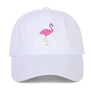 White cotton baseball cap with pink flamingo embroidery and adjustable brim for sun protection