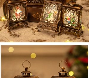 Close-up of bronze vintage Christmas lantern featuring swirling snow and festive Santa scenes