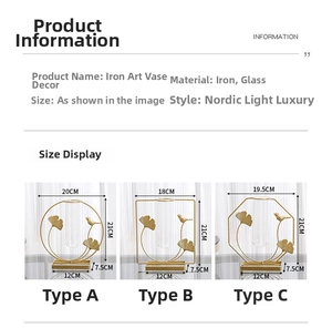 Size chart for Nordic style iron flower vases with gold leaf and bird decorative details