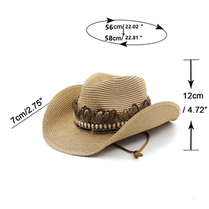 Ethnic western cowboy straw hat with feather band and adjustable cord for camping