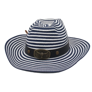 Detail of western straw hat with blue stripes and longhorn bull head metal buckle