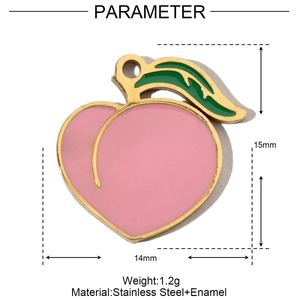 Detailed dimensions of pink enamel peach pendant made of stainless steel with gold edges