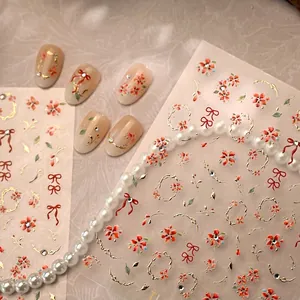 New Chinese style cinnabar red flower nail stickers with gold leaf vines and bows