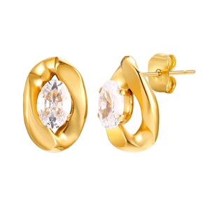 Golden oval white zircon earrings with rope-textured bezel on white background