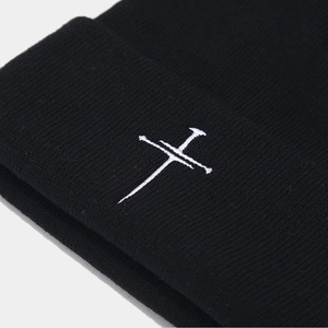 Retro black knit beanie featuring a white embroidered cross on the side for men and women
