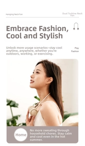 Close-up of a cream-colored dual turbo neck fan worn by a model in a cozy home setting