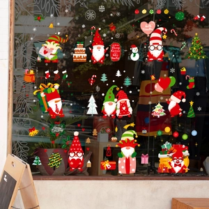 Christmas faceless gnome window stickers with golden glitter for holiday glass decorations