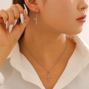 Elegant stainless steel hollow cross necklace and earrings jewelry set for women