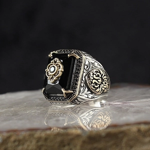 Vintage ethnic men's ring with rectangle black gemstone and dual-tone engraved patterns