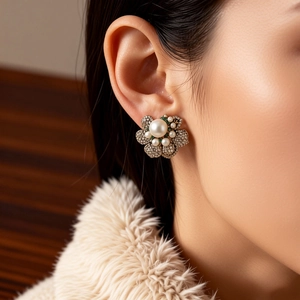 Elegant macro view of a vintage flower pearl earring worn on the ear for detail