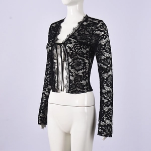 Detail of black floral lace cardigan featuring sheer fabric and delicate ribbon tie closure