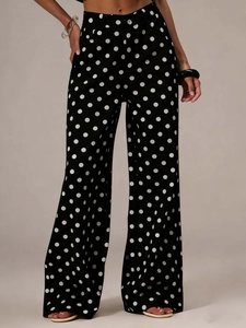 Retro high-waisted black polka dot wide leg jeans for women in a loose casual style