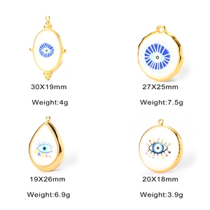 Detail view of white evil eye charms in four geometric shapes with dimensions and weight