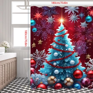 Detailed view of red Christmas shower curtain with size markings 180cm x 180cm