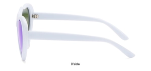 Side view of white heart shaped sunglasses with purple mirrored lenses and premium frame
