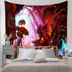 Detail of bohemian mushroom tapestry featuring a fantasy forest and purple starry sky