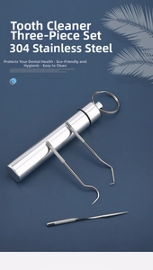 Detail of 304 stainless steel toothpick set with metal case on blue background
