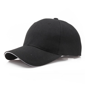 Classic black baseball cap with white edge trim and minimalist six-panel design for sports